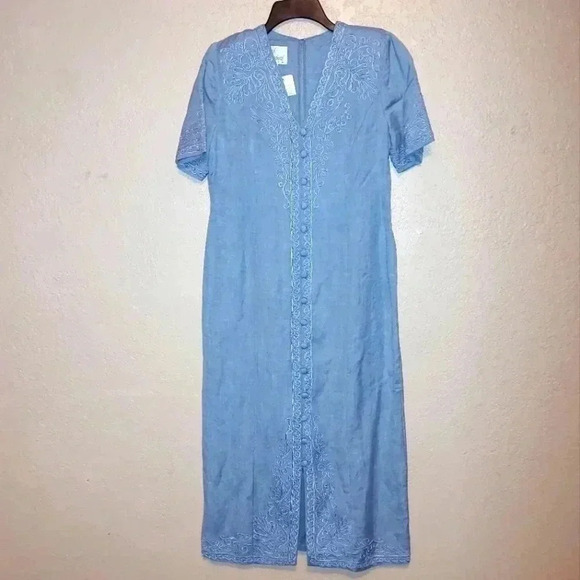 NWT VTG Sarah Elizabeth Blue V Neck Short Sleeve Long Dress 10P Embroidered - Picture 1 of 7